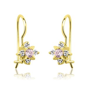 Złote kolczyki na biglu z różową cyrkonią