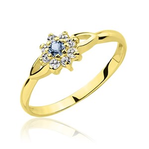 Złoty pierścionek z akwamarynem i cyrkoniami