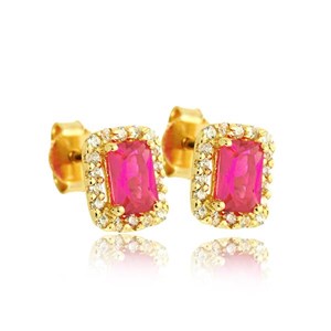 Złote kolczyki z rubinem i cyrkoniami